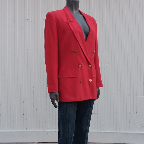 LIZ CLAIBORNE COLLECTION LADIES VINTAGE RED DOUBLE BREASTED GOLD BUTTON BLAZER - Picture 16 of 17